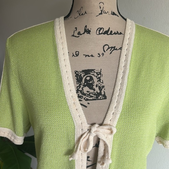 St. John By Marie Grey Tie Front Green Cream Cardigan Sweater Size 8 - Picture 2 of 9